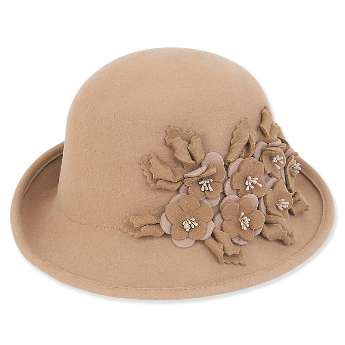 Adora® Wool Hat - Wool Felt Cloche with Two Tone Floral Trim Cloche Adora Hats