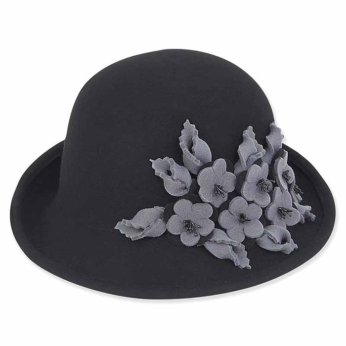 Adora® Wool Hat - Wool Felt Cloche with Two Tone Floral Trim Cloche Adora Hats ad968a Black