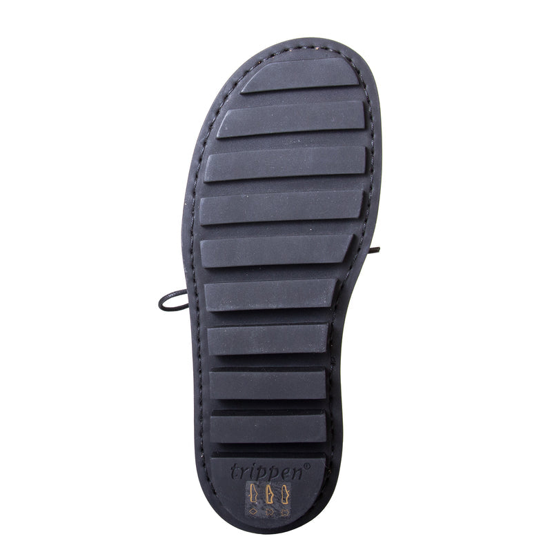 Trippen Again. Women's laced shoes in Black leather upper, flexible rubber sole, anatomical footbed for comfort. Made in Germany. Bottom view.