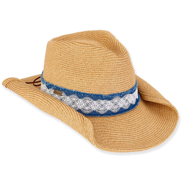 Andrea Cowboy Hat with Denim and Lace Band - Sun 'N' Sand Hats Cowboy Hat Sun N Sand Hats HH3122 Tan OS (57 cm)