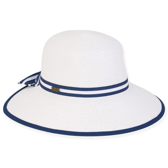 Backless White Sun Hat with Striped Bow - Sun 'N' Sand Hat Facesaver Hat Sun N Sand Hats HH2842A White / Navy OS (57 cm)