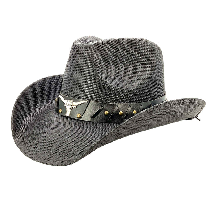 Black Straw Cowboy Hat with Longhorn Concho - Milani Hats Cowboy Hat Milani Hats ST-090 Black Large (59 cm)