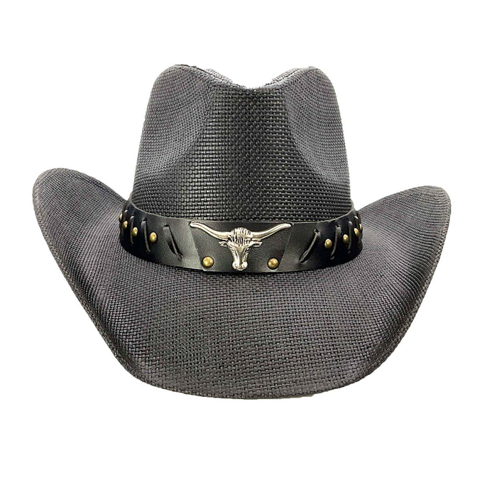 Black Straw Cowboy Hat with Longhorn Concho - Milani Hats Cowboy Hat Milani Hats
