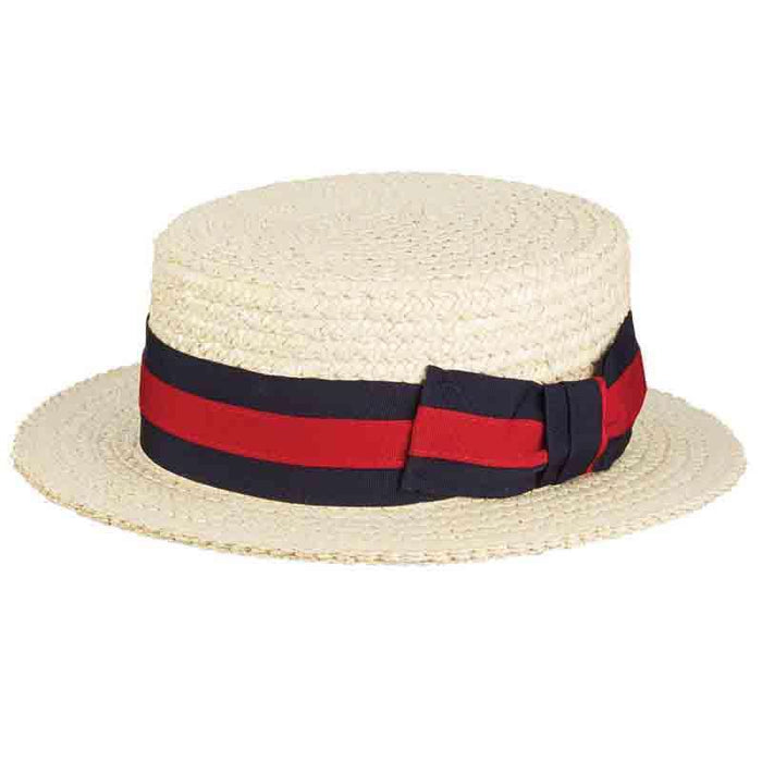 Braided Laichow Boater with Red and Navy Band - Scala Hats Gambler Hat Scala Hats ms369m Ivory Small (55 cm)