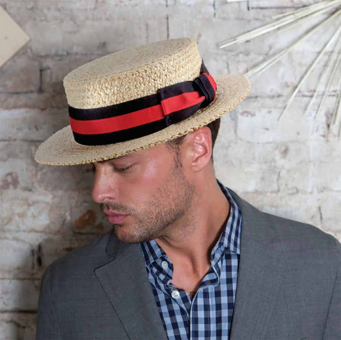 Braided Laichow Boater with Red and Navy Band - Scala Hats Gambler Hat Scala Hats