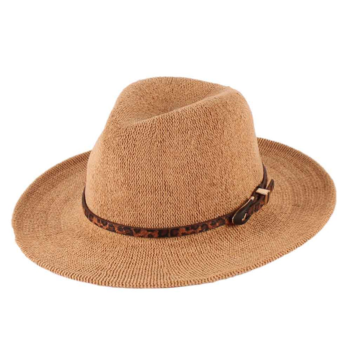 Chenille Knit Fedora Hat with Cheetah Band - Jeanne Simmons Hats Fedora Hat Jeanne Simmons Accessories JS7134CM Camel M/L (58 cm)