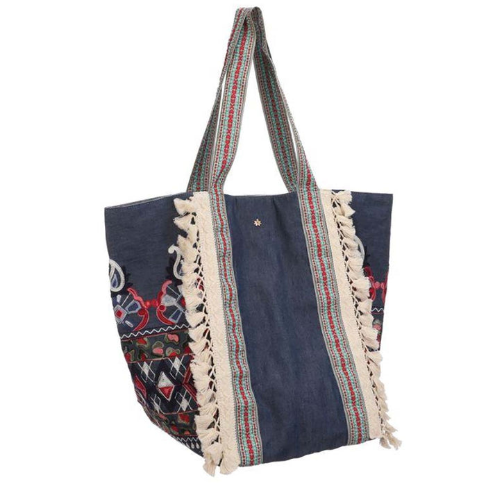 Colorful Embroidered Tote with Ribbon Handles - Cappelli Straworld Bags Bags Cappelli Straworld BAG1227-DENIM Denim