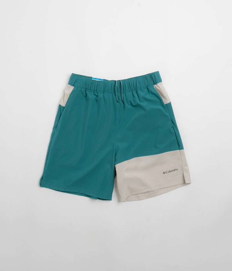 Columbia Hike Color Block Shorts in River Blue and Dark Stone