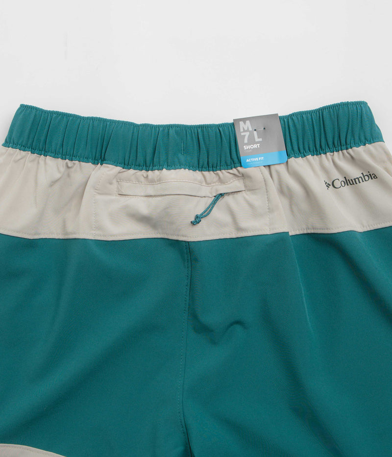 Columbia Hike Color Block Shorts in River Blue and Dark Stone