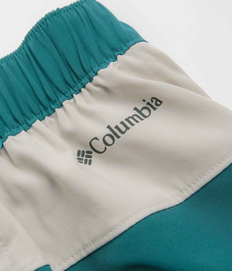 Columbia Hike Color Block Shorts in River Blue and Dark Stone