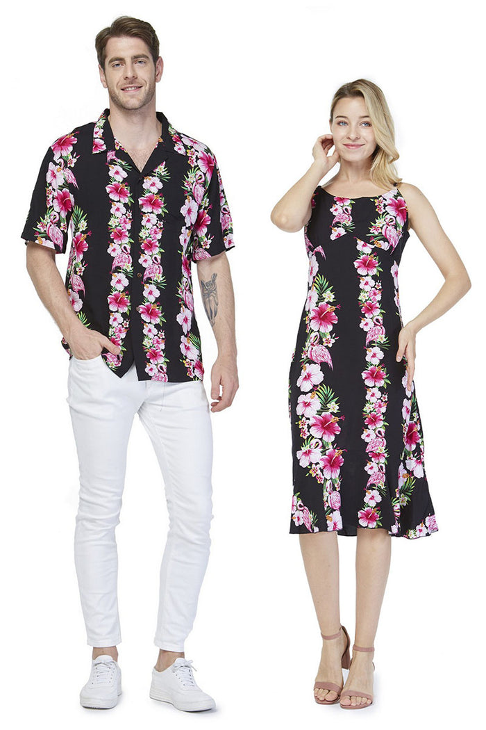 Couple Molokai Set in Pink Hibiscus Vine Black
