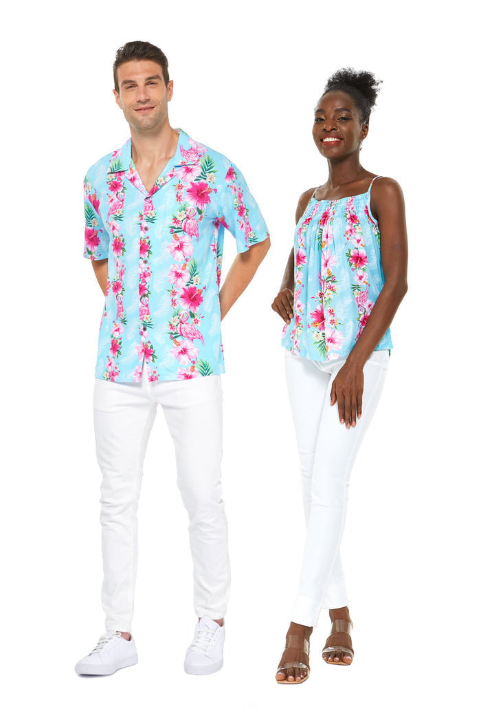 Couple Waiakapuhi Set in Pink Hibiscus Vine Turquoise