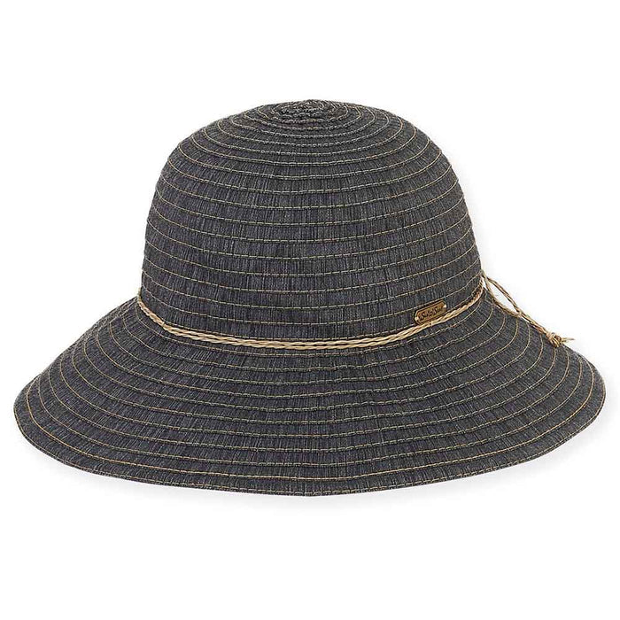 Denim Ribbon Wide Brim Sun Hat with Straw String Bow - Sun 'n' Sand Hats Wide Brim Hat Sun N Sand Hats HH1808B Black Medium (57 cm)