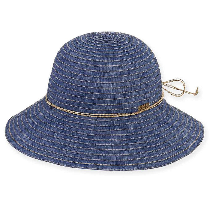 Denim Ribbon Wide Brim Sun Hat with Straw String Bow - Sun 'n' Sand Hats Wide Brim Hat Sun N Sand Hats