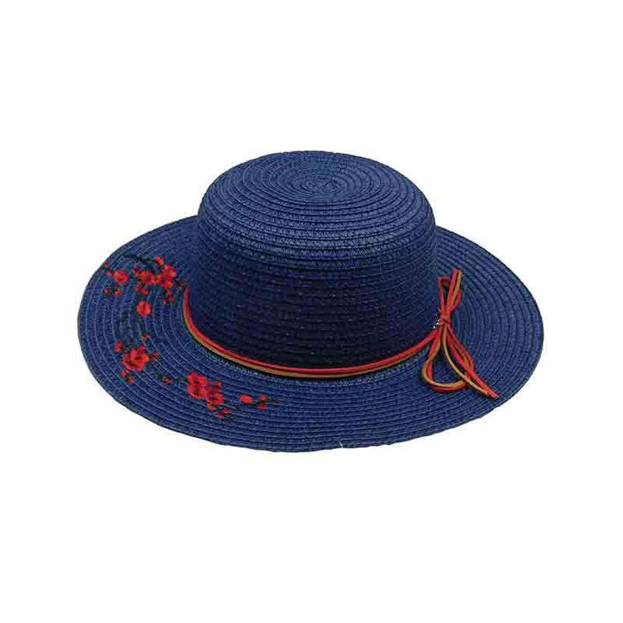 Embroidered Red Blossom Tree Sun Hat for Small Heads - Jeanne Simmons Hats Wide Brim Sun Hat Jeanne Simmons Accessories JS1061BL Navy XS (54 cm)