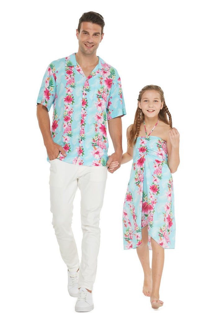 Father Daughter Kalani Set in Pink Hibiscus Vine Turquoise