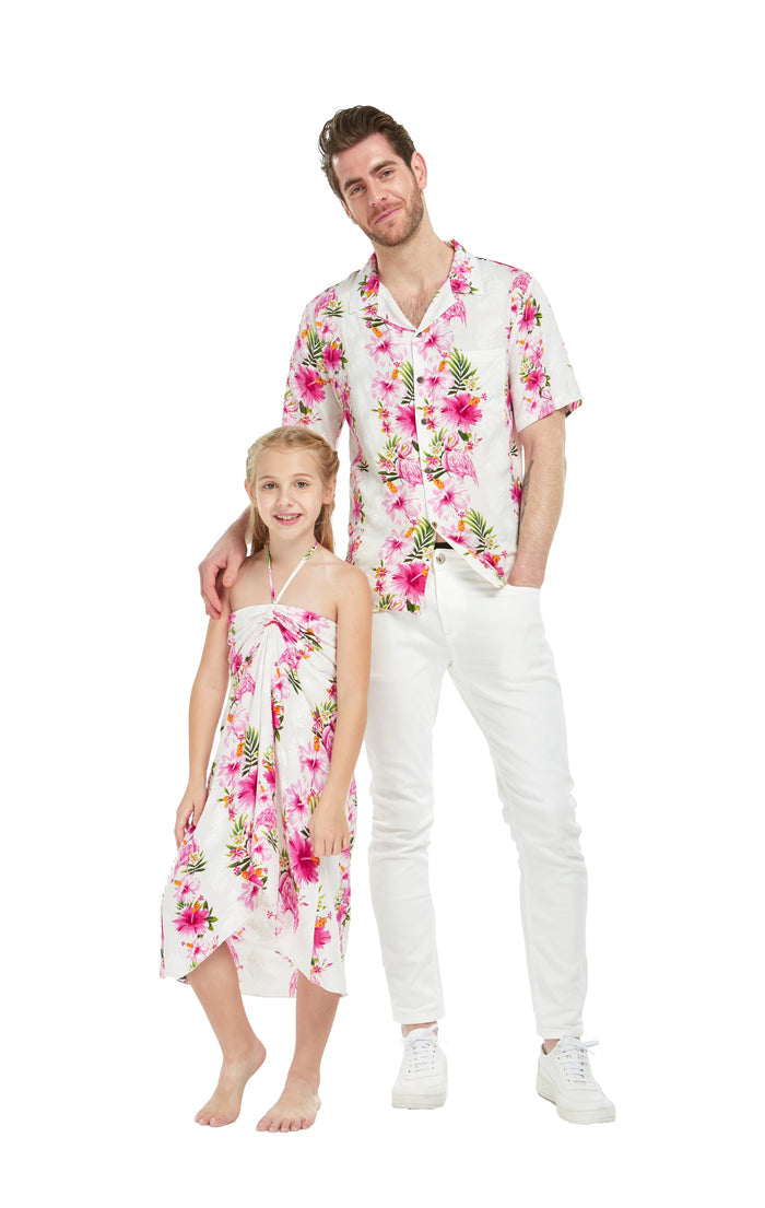 Father Daughter Kalani Set in Pink Hibiscus Vine White