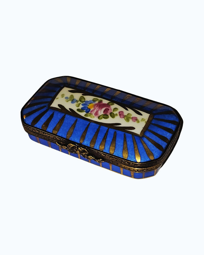 Flat Rectangular Limoges Box with Blue Flowers