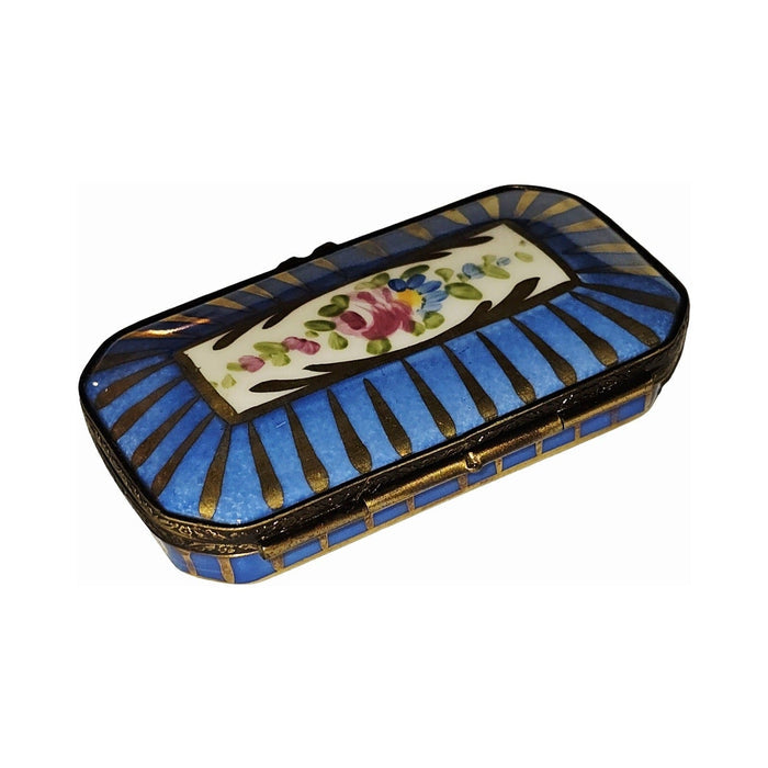 Flat Rectangular Limoges Box with Blue Flowers