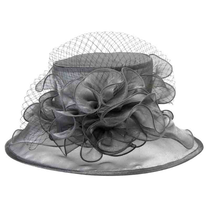Floral Center Medium Brim Organza Hat - Something Special Hat Collection Dress Hat Something Special LA hto2149gy Silver-Grey