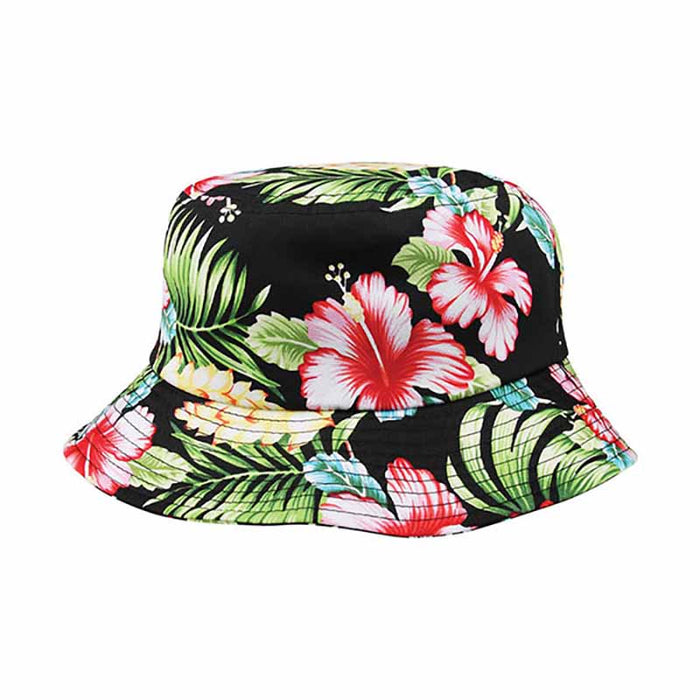 Floral Print Cotton Bucket Hat  - Mega Cap Bucket Hat MegaCI 7801Gm Black M/L (58 cm,)