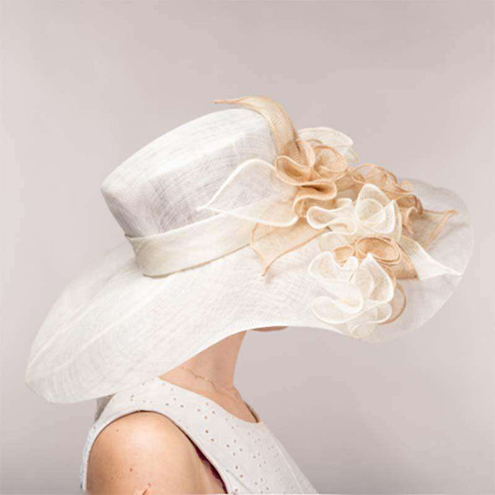 Flower String Wide Brim Ivory and Tan Sinamay Dress Hat - KaKyCO Dress Hat KaKyCO