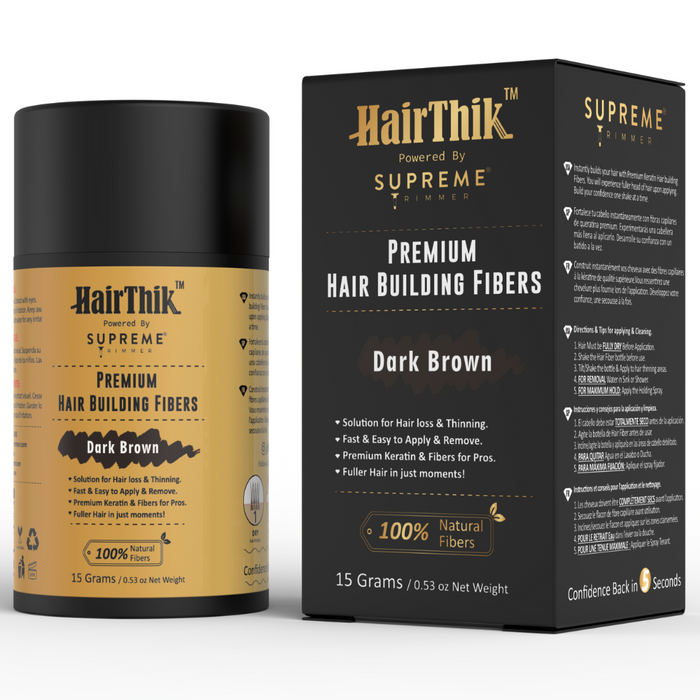Supreme Trimmer HairThik 15g Hair Fibers and Professional Hair Enhancement System Packaging