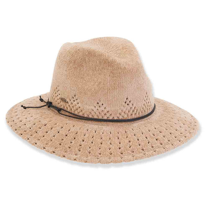 Knit Chenille Hat with Faux Leather Tie - Adora® Hats Safari Hat Adora Hats AD1353A Beige M/L (58 cm)