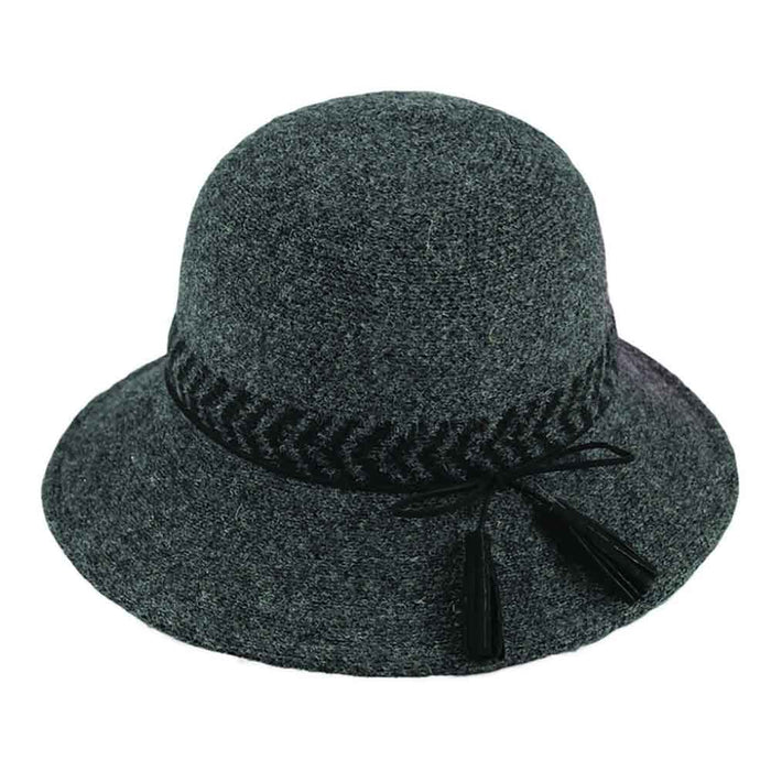Knit Cloche Hat with Thin Leatherette Tassel Tie - Jeanne Simmons Cloche Jeanne Simmons Accessories JS7264 Charcoal M/L (58 cm)