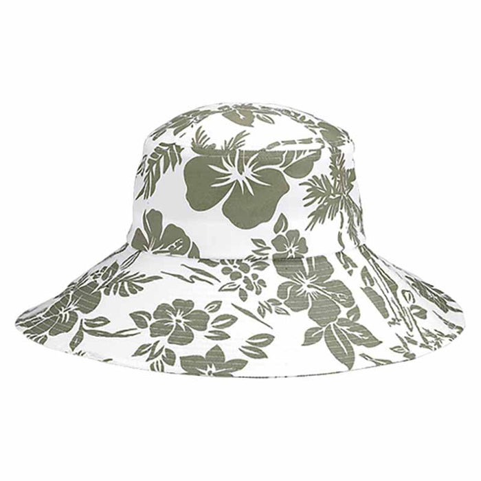 Ladies' Wide Brim Hibiscus Print Bucket Hat - Mega Cap Bucket Hat MegaCI 6535ol Olive OS (57-57.5 cm)