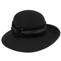 Large Brim Satin Adorned Wool Felt Hat by Adora®-Black Wide Brim Hat Adora Hats ad819bk Black