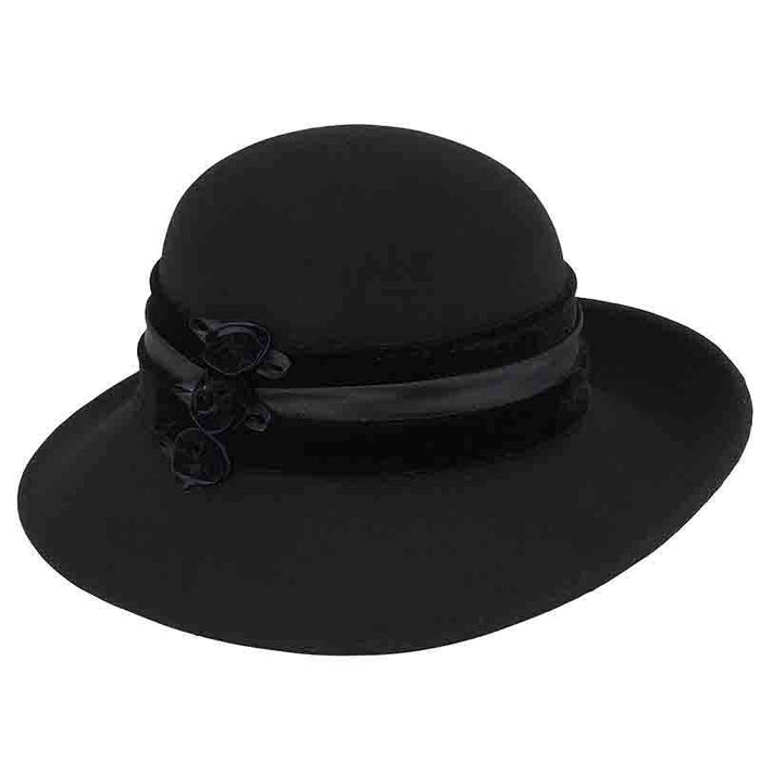 Large Brim Satin Adorned Wool Felt Hat by Adora®-Black Wide Brim Hat Adora Hats ad819bk Black