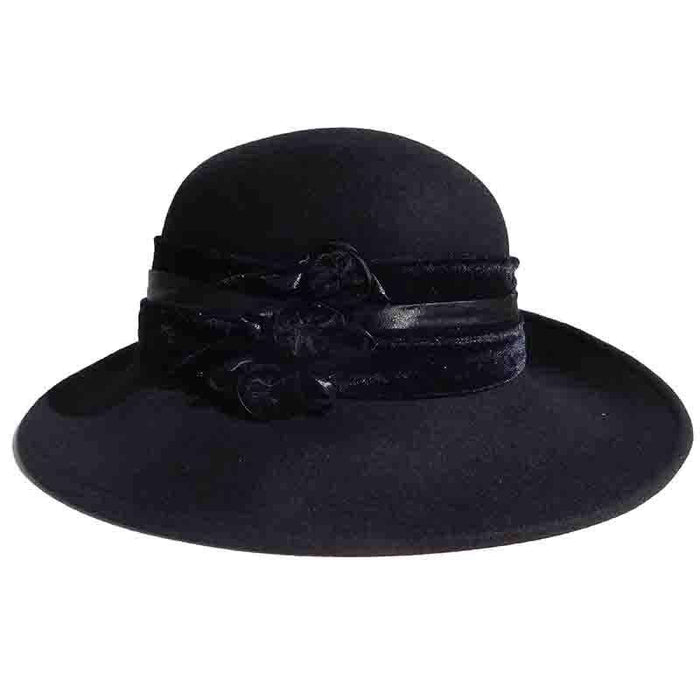 Large Brim Satin Adorned Wool Felt Hat by Adora®-Black Wide Brim Hat Adora Hats