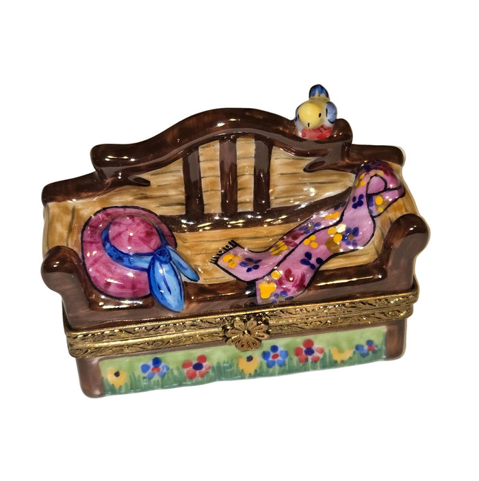 Lutyens Garden Bench Limoges Box, Pink Hat with Bird