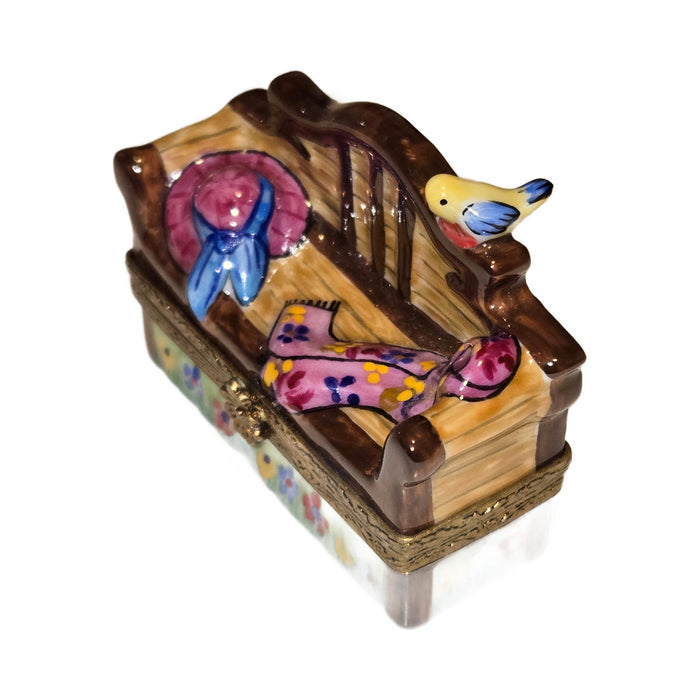 Lutyens Garden Bench Limoges Box, Pink Hat with Bird