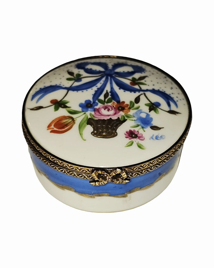 Marie Antoinette Round Limoges Box with Blue Ribbon