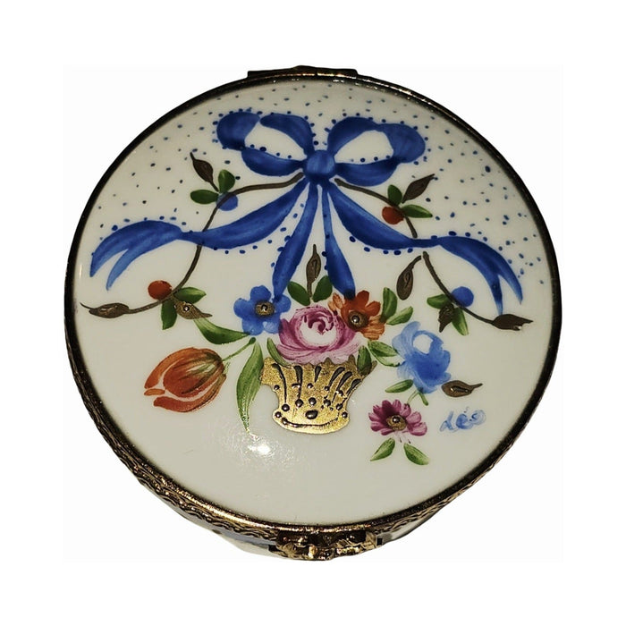 Marie Antoinette Round Limoges Box with Blue Ribbon