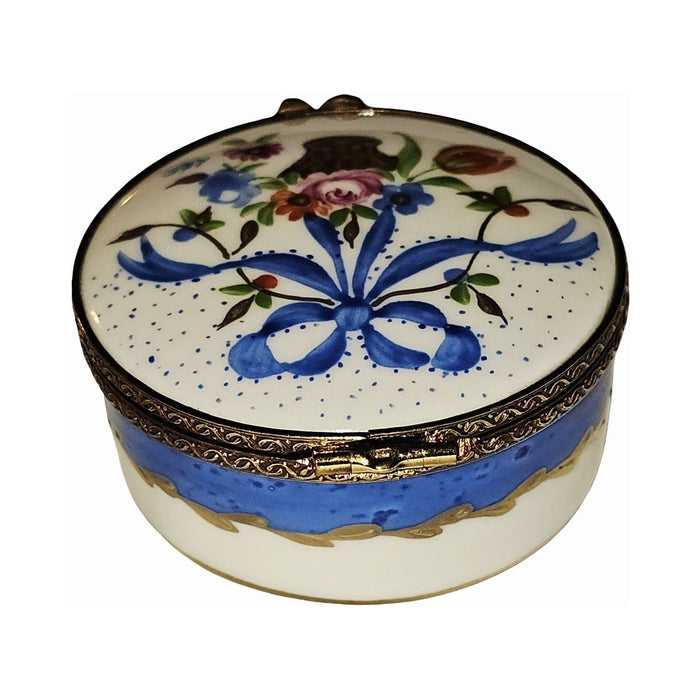 Marie Antoinette Round Limoges Box with Blue Ribbon