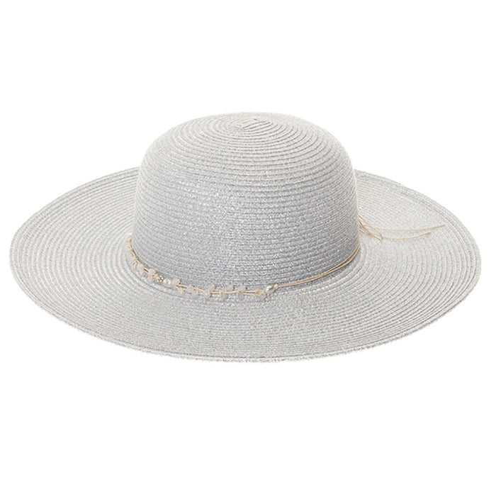 Metallic Shimmer Sun Hat with String of Beads - Boardwalk Style Wide Brim Sun Hat Boardwalk Style Hats DA1316-SIL Silver OS (57 cm)