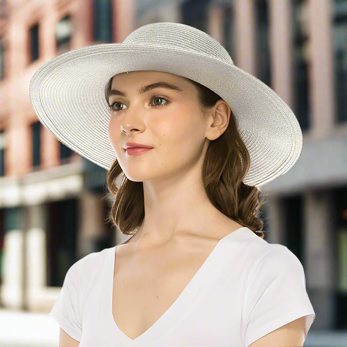 Metallic Shimmer Sun Hat with String of Beads - Boardwalk Style Wide Brim Sun Hat Boardwalk Style Hats