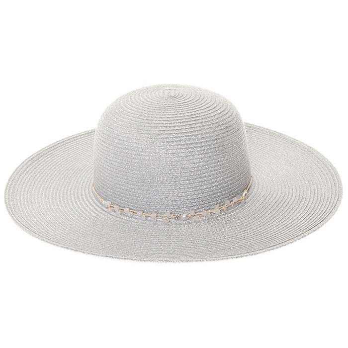 Metallic Shimmer Sun Hat with String of Beads - Boardwalk Style Wide Brim Sun Hat Boardwalk Style Hats