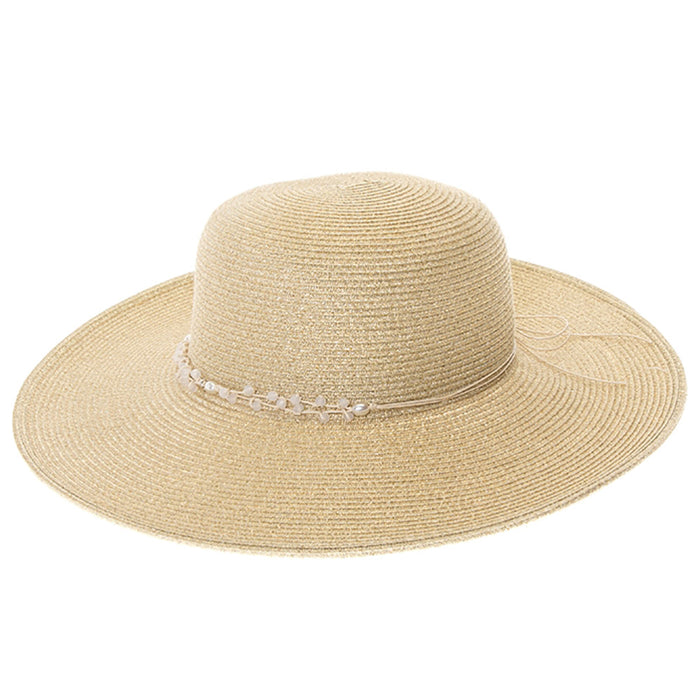 Metallic Shimmer Sun Hat with String of Beads - Boardwalk Style Wide Brim Sun Hat Boardwalk Style Hats