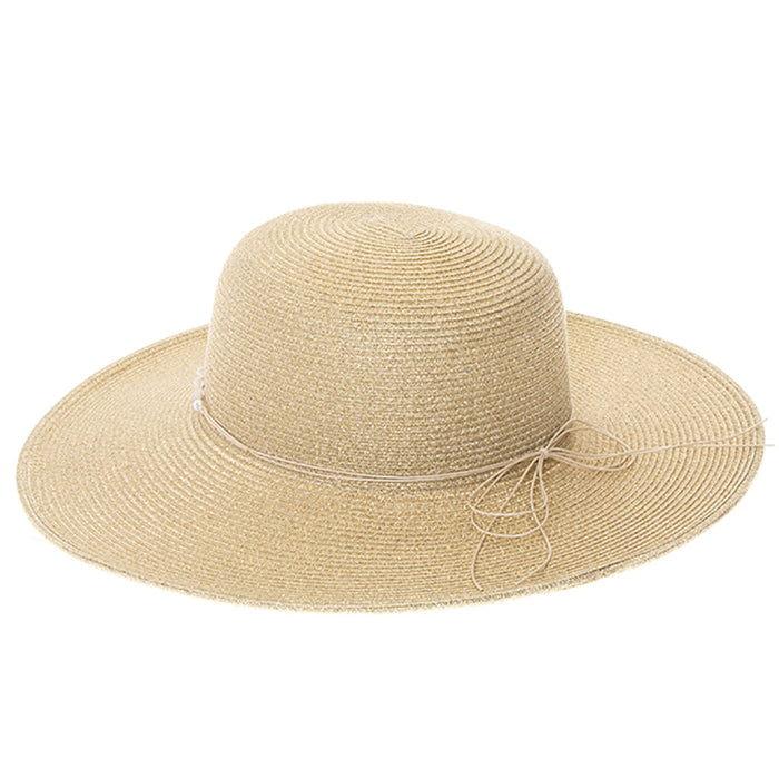 Metallic Shimmer Sun Hat with String of Beads - Boardwalk Style Wide Brim Sun Hat Boardwalk Style Hats