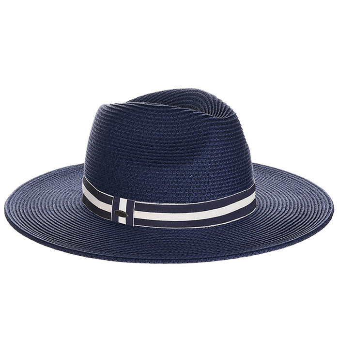 Navy Sun Hat with Stiped Band - Scala Women's Hats Safari Hat Scala Hats LP408 Navy OS (57 cm)