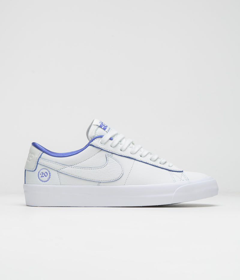 Nike SB Blazer Low Pro GT Premium Shoes in Summit White and Game Royal and Summit White