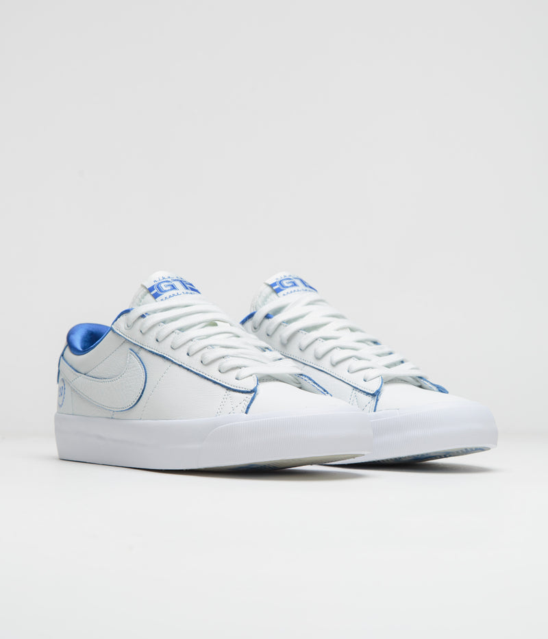 Nike SB Blazer Low Pro GT Premium Shoes in Summit White and Game Royal and Summit White
