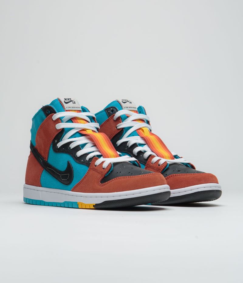 Nike SB x Di'Orr Greenwood Dunk High Decon Shoes in Turquoise Blue and Black and Rugged Orange