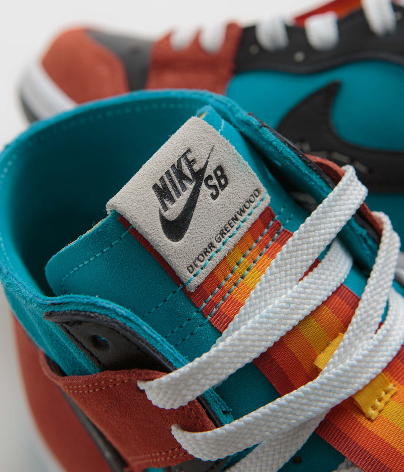 Nike SB x Di'Orr Greenwood Dunk High Decon Shoes in Turquoise Blue and Black and Rugged Orange