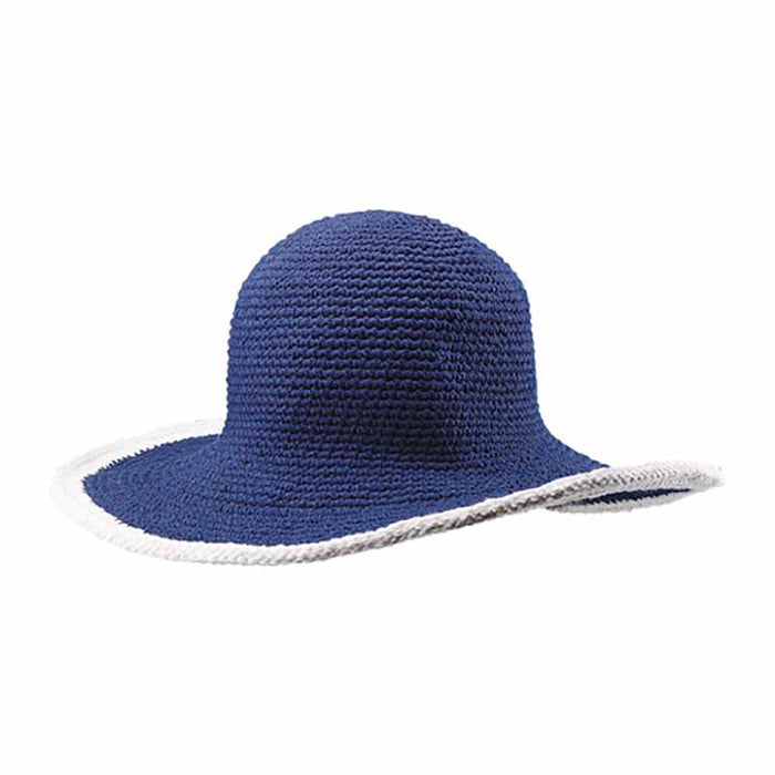 Petite Crocheted Cotton Summer Hat with White Trim Wide Brim Hat MegaCI MC2806-NV Navy Small (54-56 cm)