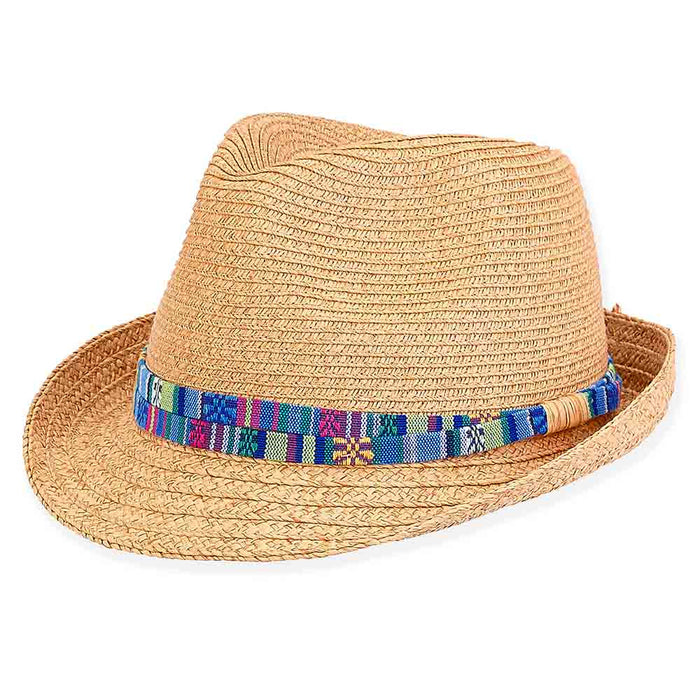 Petite Tribal Band Fedora for Small Heads - Sunny Dayz™ Hats Fedora Hat Sun N Sand Hats HK454 Tan / Blue Small (54 cm)